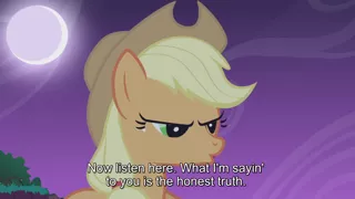 Size: 1920x1080 | Tagged: safe, derpibooru import, screencap, applejack, earth pony, pony, friendship is magic, season 1, caption, everfree forest, image, lidded eyes, night, o mouth, open mouth, outdoors, png, solo, strange, text, |:o