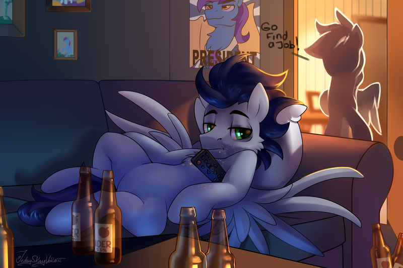 Size: 3000x2000 | Tagged: safe, artist:jedayskayvoker, derpibooru import, soarin', oc, oc:sea wave, pegasus, pony, alcohol, bottle, canon x oc, cider, eyebrows, facial hair, image, male, messy, messy mane, pegasus oc, png, raised eyebrows, spread wings, text, wings, wonderbolts