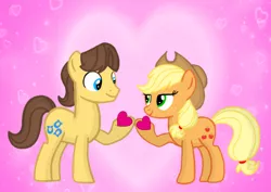 Size: 1280x908 | Tagged: safe, artist:mlplary6, derpibooru import, applejack, caramel, earth pony, pony, carajack, female, heart, holiday, image, jpeg, looking at each other, male, shipping, smiling, smiling at each other, straight, valentine's day, valentine's day card