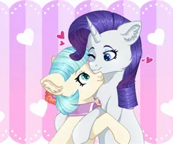 Size: 1843x1538 | Tagged: safe, artist:kadzumiisayu, derpibooru import, coco pommel, rarity, abstract background, commission, female, heart, heart eyes, hug, image, jpeg, lesbian, marshmallow coco, one eye closed, shipping, wingding eyes, wink, ych result