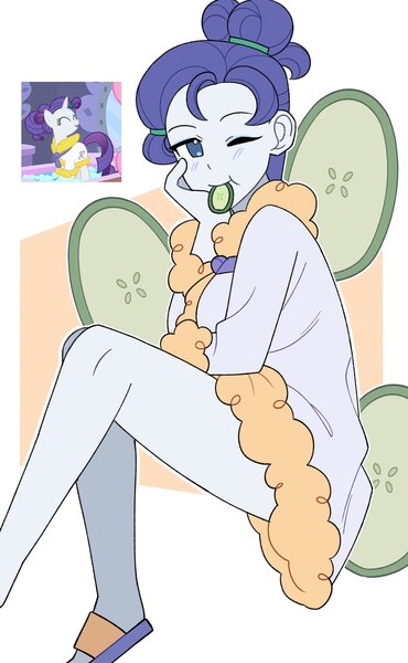 Size: 1511x2449 | Tagged: safe, artist:4phr0sd3l0s, derpibooru import, rarity, pony, unicorn, equestria girls, alternate hairstyle, cucumber, female, food, image, jpeg, looking at you, mare, one eye closed, redraw, smiling, smiling at you, spa robe, wink, winking at you