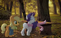 Size: 3098x1936 | Tagged: photographer needed, safe, artist:zombielandundead, derpibooru import, applejack, rarity, earth pony, pony, unicorn, 2016, autumn, clothes, female, image, irl, irl photo, jpeg, mare, photo, ponies in real life, scarf
