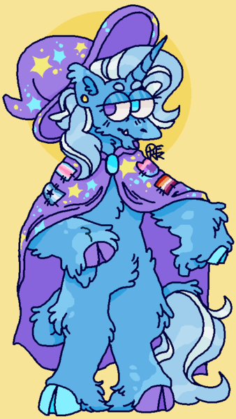 Size: 524x930 | Tagged: safe, artist:uppypups, derpibooru import, trixie, semi-anthro, unicorn, cape, clothes, cloven hooves, fluffy, hat, image, png, pride flag, simple background, trixie's cape, trixie's hat, yellow background