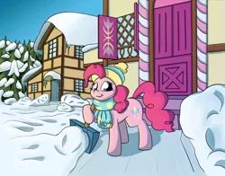 Size: 2016x1582 | Tagged: safe, artist:agent-diego, derpibooru import, pinkie pie, earth pony, pony, clothes, image, png, ponyville, scarf, snow, snow shovel, sugarcube corner, winter