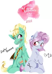 Size: 1414x2008 | Tagged: safe, artist:alazak, derpibooru import, edit, pixie cut (idw), zephyr breeze, earth pony, pegasus, 2022, duo, hearts and hooves day, holiday, image, kiss mark, lipstick, looking at each other, looking at someone, lyrics in the description, pixiebreeze, png, smiling, smiling at each other, song in the description, valentine's day, youtube link in the description, zephyrcut