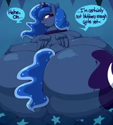 Size: 5400x6000 | Tagged: suggestive, artist:graphenescloset, derpibooru import, princess luna, alicorn, pony, series:luna's blubbering, ass, bed, blushing, butt, chubby cheeks, crown, dialogue, ethereal mane, fat, female, huge butt, image, impossibly large butt, incentive drive, jewelry, large butt, mare, morbidly obese, obese, png, princess moonpig, regalia, solo, starry mane, starry tail, tail, the ass was fat, weight gain, weight gain sequence