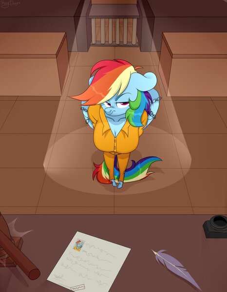 Size: 856x1103 | Tagged: safe, artist:shiny-dust, derpibooru import, rainbow dash, anthro, clothes, commission, courtroom, frustrated, gavel, image, jpeg, never doubt rainbowdash69's involvement, prison outfit, prisoner rd, rainbow dash is not amused, unamused