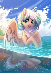 Size: 2500x3550 | Tagged: safe, artist:hakaina, derpibooru import, oc, unofficial characters only, pegasus, pony, bubble, chest fluff, cloud, coral, ear fluff, image, jpeg, multicolored mane, pegasus oc, solo, swimming, underwater, water, wings