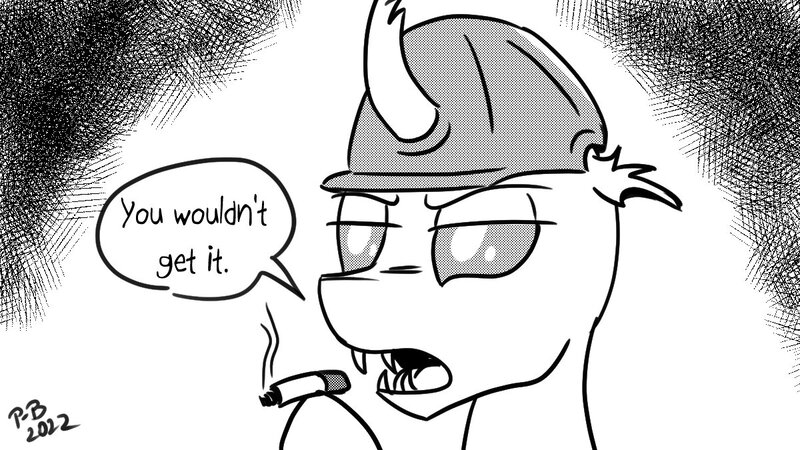 Size: 1200x675 | Tagged: safe, artist:pony-berserker, derpibooru import, oc, oc:berzie, cigarette, image, joker (2019), jpeg, monochrome, pony-berserker's twitter sketches, pony-berserker's twitter sketches (2022), smoking