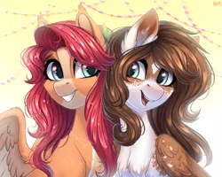 Size: 1920x1536 | Tagged: safe, artist:hakaina, derpibooru import, oc, oc:mabel, unofficial characters only, pegasus, pony, chest fluff, duo, ear fluff, female, image, mare, open mouth, open smile, png, smiling