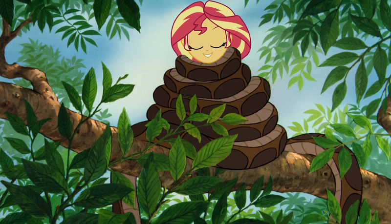 Size: 1884x1080 | Tagged: safe, artist:ocean lover, derpibooru import, edit, sunset shimmer, snake, equestria girls, equestria girls series, unsolved selfie mysteries, coils, eyes closed, head down, image, kaa, leaves, png, sleeping, squeeze, story included, tree, tree branch, wrapped up