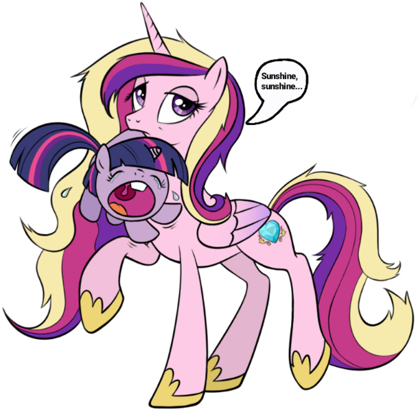 Size: 656x646 | Tagged: safe, artist:averagedraw, derpibooru import, edit, editor:pagiepoppie12345, princess cadance, twilight sparkle, alicorn, pony, unicorn, baby, baby pony, babylight sparkle, babysitting, cadance is not amused, crying, foal, image, jewelry, messy mane, mouth hold, png, regalia, scruff, simple background, speech bubble, sunshine sunshine, tantrum, tired, transparent background, unamused, unicorn twilight, younger