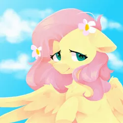 Size: 2000x2000 | Tagged: safe, artist:tat3r_444, derpibooru import, fluttershy, pegasus, pony, cheek fluff, chest fluff, cute, female, floppy ears, flower, flower in hair, high res, image, jpeg, mare, shyabetes, sky, solo