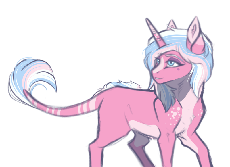 Size: 3708x2693 | Tagged: safe, artist:venommocity, derpibooru import, clear sky, pony, unicorn, alternate design, alternate hairstyle, februpony, female, image, leonine tail, mare, markings, pale belly, png, short tail, simple background, solo, white background