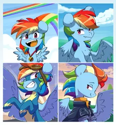 Size: 3590x3888 | Tagged: safe, artist:chub-wub, derpibooru import, rainbow dash, pegasus, pony, the last problem, age progression, alternate hairstyle, clothes, cute, cute little fangs, dashabetes, fangs, female, filly, filly rainbow dash, foal, image, jpeg, older, older rainbow dash, one eye closed, open mouth, uniform, wonderbolts uniform, younger