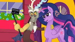 Size: 1280x720 | Tagged: safe, artist:sallyso, derpibooru import, discord, twilight sparkle, twilight sparkle (alicorn), alicorn, draconequus, pony, confused, dialogue, discord's house, duo, female, future twilight, image, jpeg, mare, phone, selfie, show accurate, story included