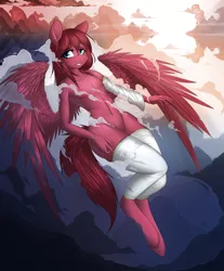 Size: 3393x4092 | Tagged: suggestive, alternate version, artist:mirapony, derpibooru import, oc, oc:seraphic crimson, anthro, pegasus, unguligrade anthro, belly button, blushing, clothes, commission, digital art, featureless crotch, femboy, flying, image, jpeg, looking at you, male, nudity, pecs, socks, solo, spread wings, stockings, thigh highs, wings