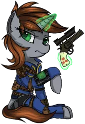 Size: 387x567 | Tagged: safe, artist:gloomradiancy, derpibooru import, oc, oc:littlepip, fallout equestria, clothes, image, magic, png, simple background, transparent background, vault suit