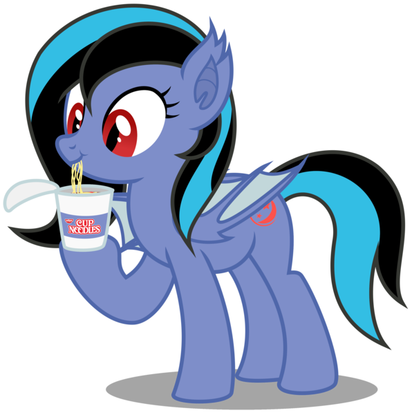 Size: 3224x3248 | Tagged: safe, artist:strategypony, derpibooru import, oc, oc:midnight grave, unofficial characters only, bat pony, pony, bat pony oc, bat wings, cup noodles, cute, eating, female, food, image, mare, noodles, ocbetes, png, silly, simple background, tail, transparent background, two toned mane, two toned tail, wings