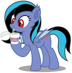 Size: 3224x3248 | Tagged: safe, artist:strategypony, derpibooru import, oc, oc:midnight grave, unofficial characters only, bat pony, pony, bat pony oc, bat wings, cup noodles, cute, eating, female, food, image, mare, noodles, ocbetes, png, silly, simple background, tail, transparent background, two toned mane, two toned tail, wings