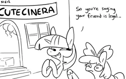 Size: 2312x1440 | Tagged: suggestive, artist:tjpones, derpibooru import, apple bloom, twilight sparkle, earth pony, pony, unicorn, call of the cutie, black and white, drawing (shitty) porn of every episode, duo, female, filly, foal, grayscale, image, implied foalcon, mare, monochrome, png, simple background, underage, unicorn twilight, white background