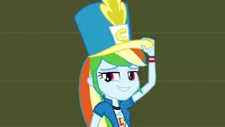 Size: 3410x1920 | Tagged: safe, derpibooru import, screencap, rainbow dash, equestria girls, friendship games, canterlot high, chs rally song, clothes, cutie mark, cutie mark on clothes, female, hat, high res, image, jpeg, out of context, smiling, solo, top hat