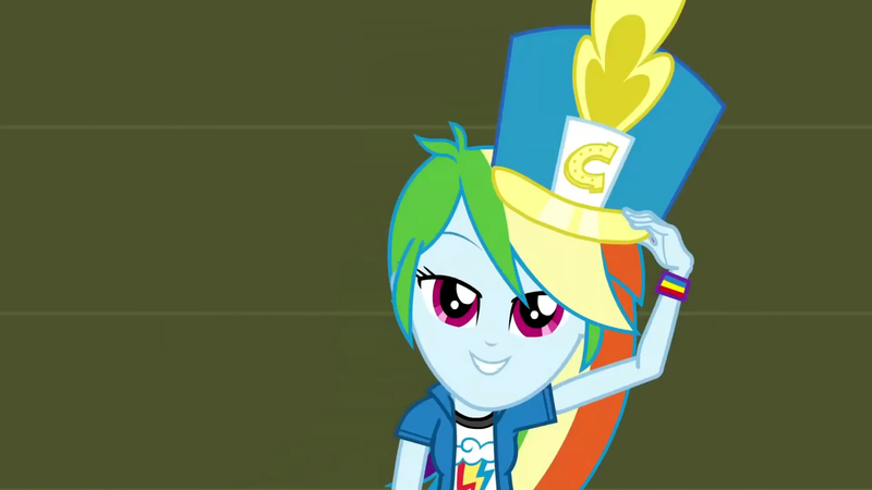 Size: 3410x1920 | Tagged: safe, derpibooru import, screencap, rainbow dash, equestria girls, friendship games, canterlot high, chs rally song, clothes, cutie mark, cutie mark on clothes, female, hat, high res, image, jpeg, smiling, solo, top hat