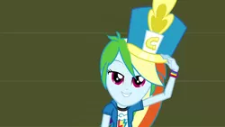 Size: 3410x1920 | Tagged: safe, derpibooru import, screencap, rainbow dash, equestria girls, friendship games, canterlot high, chs rally song, clothes, cutie mark, cutie mark on clothes, female, hat, high res, image, jpeg, smiling, solo, top hat