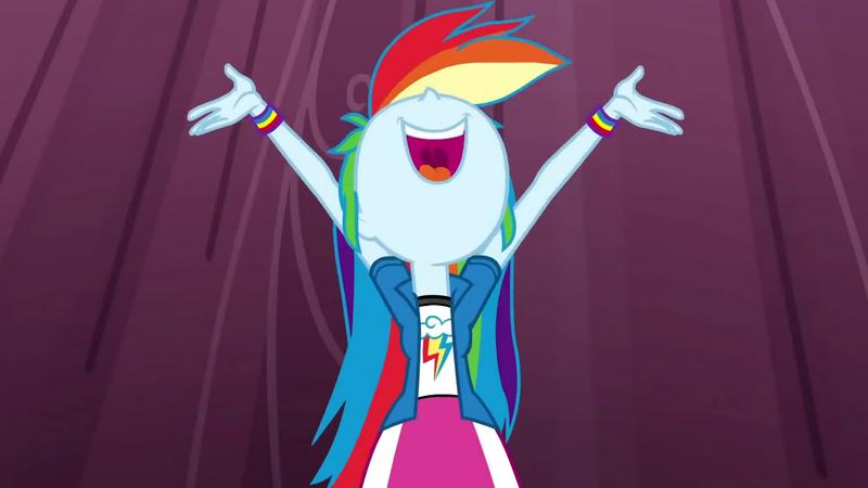 Size: 3410x1920 | Tagged: safe, derpibooru import, screencap, rainbow dash, equestria girls, friendship games, arms in the air, canterlot high, chs rally song, clothes, cutie mark, cutie mark on clothes, female, high res, image, jpeg, nose in the air, open mouth, open smile, smiling, solo, uvula, volumetric mouth