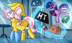 Size: 4096x2458 | Tagged: safe, artist:ladylullabystar, derpibooru import, twilight sparkle, twilight sparkle (alicorn), oc, oc:lullaby star, alicorn, pony, bag, female, image, jpeg, magic, mare, plushie, rain, raincoat, shopping bag