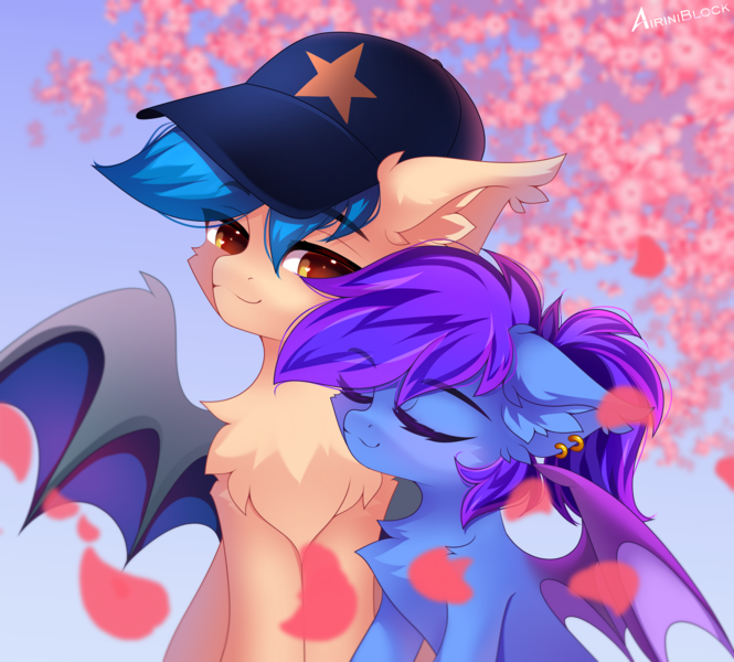 Size: 2500x2255 | Tagged: safe, artist:airiniblock, derpibooru import, oc, oc:evening lily, oc:moonshot, unofficial characters only, bat pony, pony, cherry blossoms, commission, couple, cute, flower, flower blossom, hug, image, love, png, rcf community, smiling
