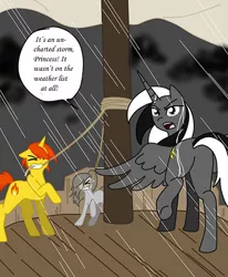 Size: 570x692 | Tagged: safe, artist:lightybulb, derpibooru import, oc, oc:fire spark, oc:gordana, oc:storm rider, alicorn, earth pony, pony, unicorn, series:arc 1, image, jpeg, rain, ship, storm