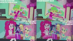 Size: 1280x720 | Tagged: safe, derpibooru import, edit, edited screencap, editor:quoterific, screencap, angel bunny, applejack, fluttershy, pinkie pie, sci-twi, stella lashes, stella sprinkles, twilight sparkle, rabbit, raccoon, equestria girls, equestria girls series, tip toppings, tip toppings: fluttershy, spoiler:eqg series (season 2), animal, applejack's hat, belt, boots, bowtie, clothes, cowboy boots, cowboy hat, crossed legs, cutie mark, cutie mark on clothes, denim skirt, eyes closed, female, geode of fauna, geode of sugar bombs, geode of super strength, geode of telekinesis, glasses, hairpin, hat, image, jewelry, magical geodes, male, necklace, open mouth, png, ponytail, shoes, skirt, stella, tanktop