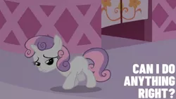 Size: 1280x720 | Tagged: safe, derpibooru import, edit, edited screencap, editor:quoterific, screencap, sweetie belle, pony, unicorn, season 2, sisterhooves social, carousel boutique, female, filly, foal, image, jpeg, solo, walking