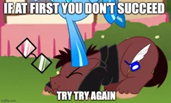 Size: 642x389 | Tagged: safe, artist:bronydebates, derpibooru import, oc, oc:brawny buck, oc:northwind, pegasus, pony, caption, clothes, duo, glasses, image, jacket, jpeg, meme, ponyville, text, wingless