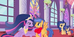 Size: 1024x510 | Tagged: safe, artist:velveagicsentryyt, derpibooru import, flash sentry, princess twilight 2.0, twilight sparkle, twilight sparkle (alicorn), oc, oc:galaxy swirls, oc:velvet sentry, alicorn, pony, the last problem, bouquet, female, filly, flashlight, flower, foal, hug, image, jpeg, male, offspring, older, older twilight, parent:flash sentry, parent:twilight sparkle, parents:flashlight, shipping, straight, winghug, wings