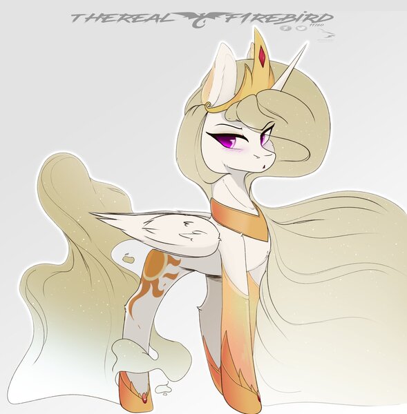 Size: 1500x1529 | Tagged: safe, alternate version, artist:therealf1rebird, derpibooru import, princess celestia, alicorn, pony, series:whiteshark division, 30 minute art challenge, alternate design, blushing, clothes, cross-popping veins, cute, eye clipping through hair, female, horn, image, jpeg, looking at you, mare, socks, solo, wings