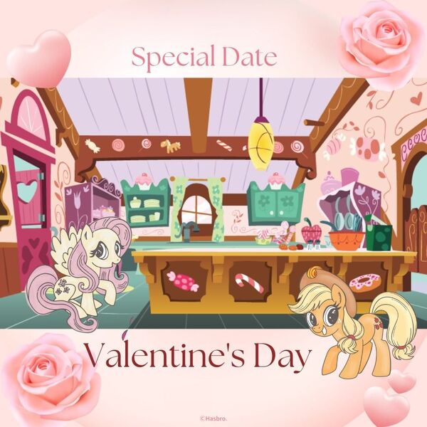 Size: 1080x1080 | Tagged: safe, artist:mylittleponyjpn, derpibooru import, official, applejack, fluttershy, earth pony, pegasus, pony, duo, heart, holiday, image, jpeg, sugarcube corner, valentine's day