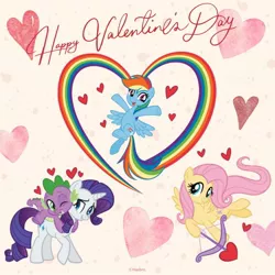 Size: 1080x1080 | Tagged: safe, artist:mylittleponyjpn, derpibooru import, official, fluttershy, rainbow dash, rarity, spike, dragon, pegasus, pony, unicorn, arrow, bow (weapon), bow and arrow, female, floating heart, happy valentines day, heart, holiday, image, jpeg, male, rainbow heart, shipping, sparity, straight, translation request, valentine's day, weapon