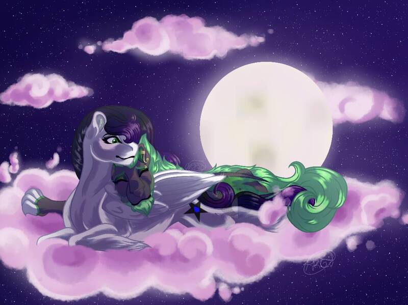 Size: 1067x799 | Tagged: safe, artist:teonnakatztkgs, derpibooru import, oc, unofficial characters only, pegasus, pony, cloud, duo, female, full moon, image, jpeg, lying down, mare, moon, night, on a cloud, outdoors, pegasus oc, prone, stars, wings