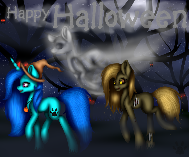 Size: 2686x2233 | Tagged: safe, artist:maneblue, derpibooru import, oc, unnamed oc, unofficial characters only, earth pony, ghost, pony, undead, unicorn, zombie, zombie pony, hat, horn, image, paw prints, png, raised hoof, unicorn oc, witch hat