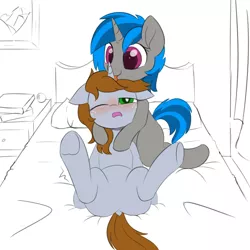 Size: 2000x2000 | Tagged: suggestive, artist:one4pony, derpibooru import, oc, oc:homage, oc:littlepip, unofficial characters only, pony, unicorn, fallout equestria, bed, blushing, duo, duo female, featureless crotch, female, freckles, high res, hooves, horn, horn licking, hornjob, image, jpeg, lesbian, licking, lying down, mare, oc x oc, on back, on bed, one eye closed, open mouth, pipmage, shipping, tail, tongue out, two toned mane, two toned tail, underhoof, unicorn oc