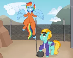 Size: 2358x1894 | Tagged: safe, artist:wild-thunder06, derpibooru import, lightning dust, rainbow dash, pegasus, ball and chain, clothes, commission, image, officer ld, png, police officer, prison outfit, prisoner rd