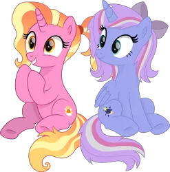 Size: 6087x6160 | Tagged: safe, artist:thatusualguy06, derpibooru import, luster dawn, oc, oc:starcollider, alicorn, pony, unicorn, the last problem, .svg available, absurd resolution, alicorn oc, base used, bow, duo, duo female, female, folded wings, grin, hair bow, horn, image, mare, png, shading, simple background, sitting, smiling, transparent background, underhoof, vector, wings
