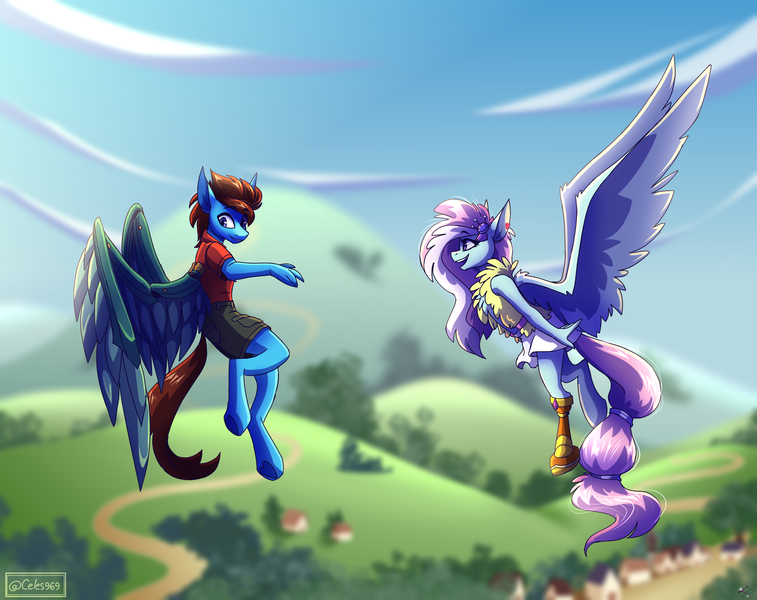 Size: 2900x2300 | Tagged: safe, artist:celes-969, derpibooru import, kerfuffle, oc, oc:jasper darkblaze, anthro, pegasus, pony, amazed, amputee, anthro oc, artificial wings, augmented, blurry background, canon x oc, cargo shorts, cel shading, clothes, complex background, detailed background, fanart, flying, hair tie, highlights, hope hollow, image, long mane, long tail, mechanical wing, pegasus oc, pincushion, png, polo shirt, prosthetic leg, prosthetic limb, prosthetic wing, prosthetics, scenery, shading, short skirt, skirt, tail, vest, watermark, wings