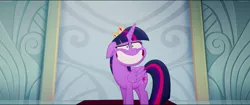 Size: 1920x808 | Tagged: safe, derpibooru import, screencap, twilight sparkle, twilight sparkle (alicorn), alicorn, pony, my little pony: the movie, awkward smile, big grin, canterlot castle, crown, eye twitch, faic, fake smile, female, forced smile, grin, horn, image, impossibly large smile, jewelry, looking at you, majestic as fuck, mare, nervous, nervous grin, png, regalia, reupload, smiling, smiling at you, solo