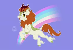 Size: 3471x2395 | Tagged: safe, artist:bluefeathercat, derpibooru import, autumn blaze, kirin, februpony, female, image, jpeg, open mouth, purple background, rainbow, simple background, smiling, solo