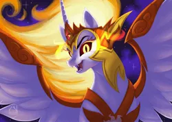 Size: 3209x2281 | Tagged: safe, artist:bluefeathercat, derpibooru import, daybreaker, alicorn, pony, fangs, februpony, female, image, jpeg, looking at you, mare, night, open mouth, solo, stars