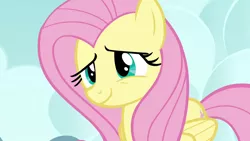 Size: 1280x720 | Tagged: safe, derpibooru import, screencap, fluttershy, pegasus, pony, it ain't easy being breezies, season 4, female, folded wings, image, mare, png, smiling, solo, wings