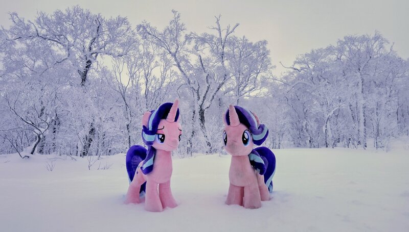 Size: 2048x1165 | Tagged: safe, derpibooru import, photographer:pakapaka1993, starlight glimmer, pony, unicorn, duo, image, irl, irl photo, japan, jpeg, photo, plushie, self paradox, self ponidox, snow, tree, winter